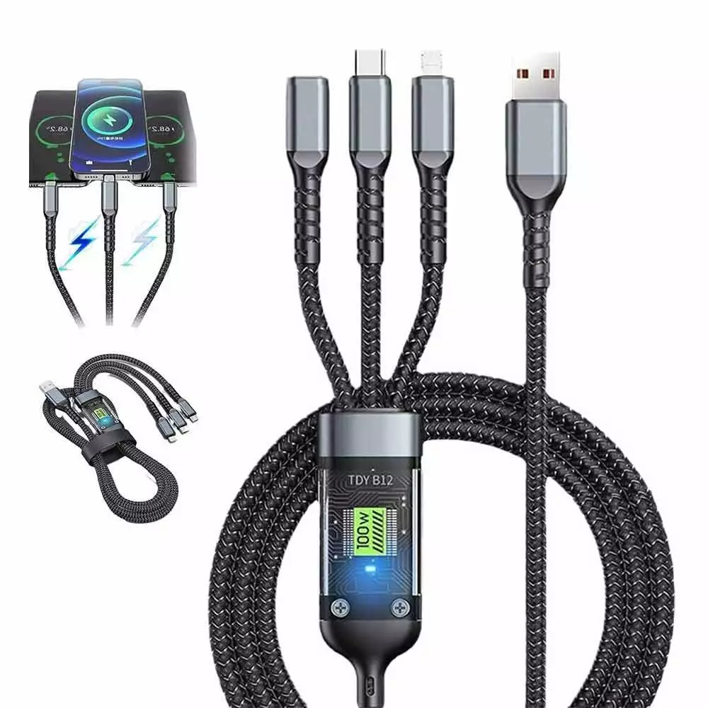 100W Transparent Mid Card LED Triple In One Fast Charging Braided Data