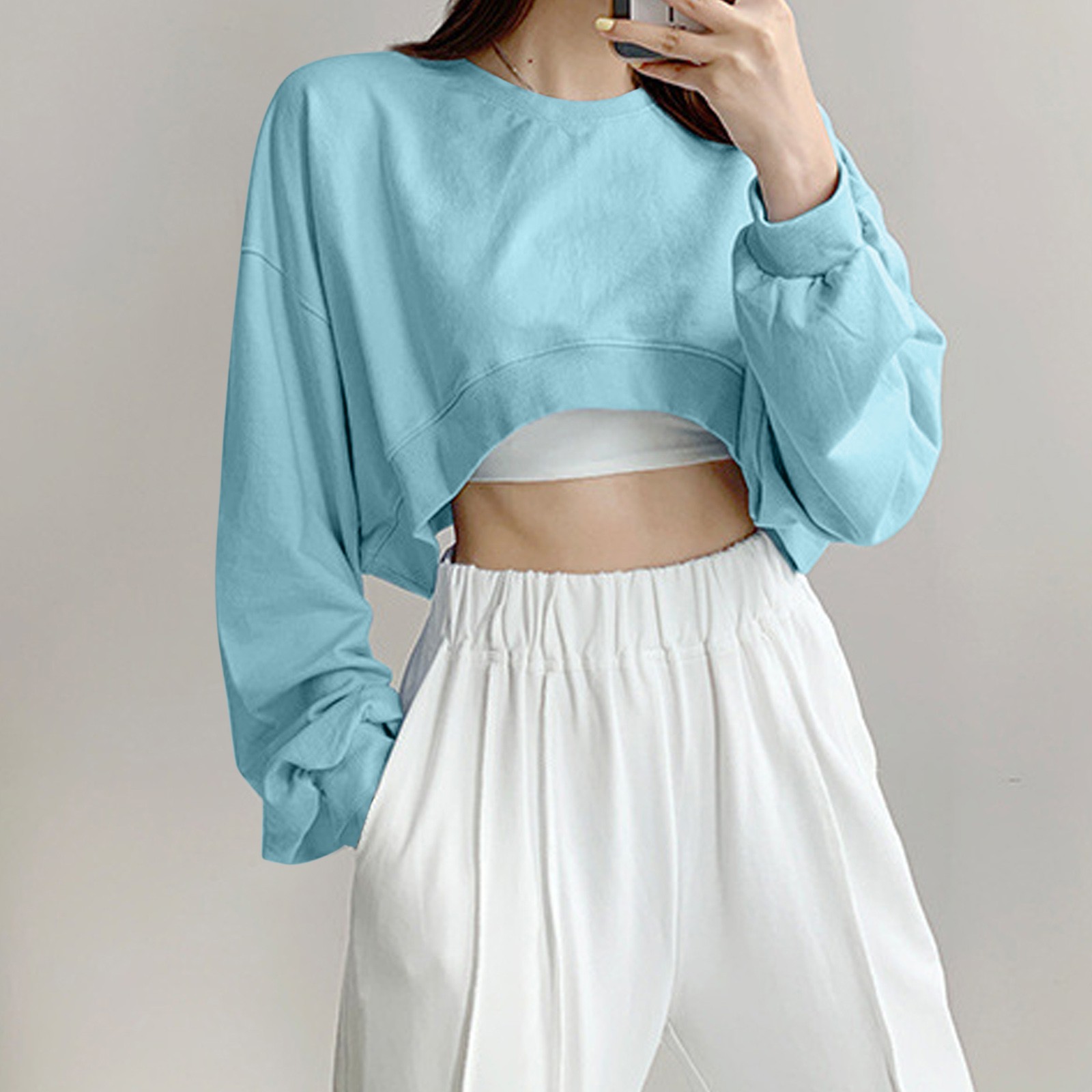 Womens Casual Solid Long Sleeve Loose Round Neck Crop Top Sweatshirt Tops |  eBay