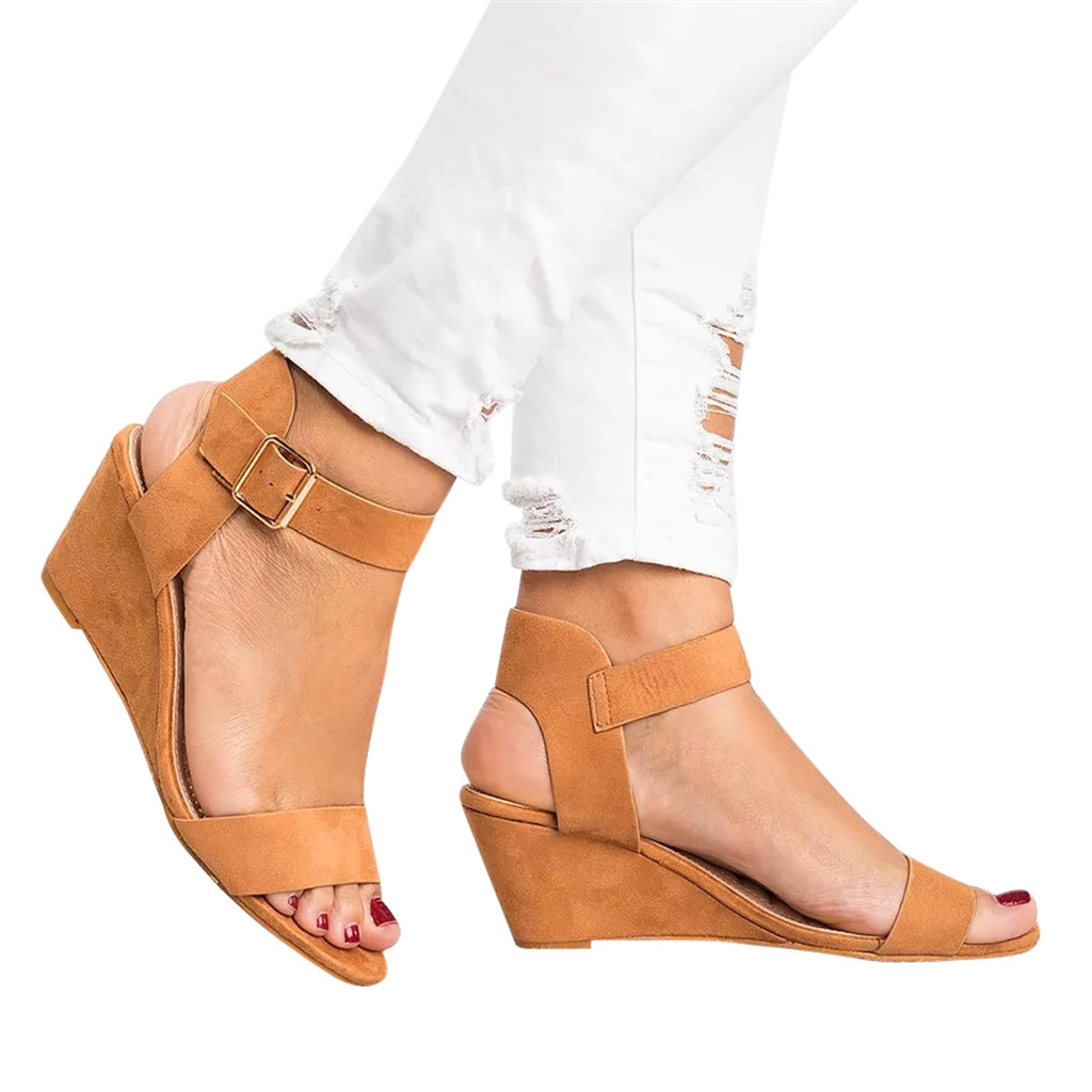 - Women's Ladies Fashion Solid Wedges Heel Buckle Strap Roman Shoes Sandals - Picture 32 of 38