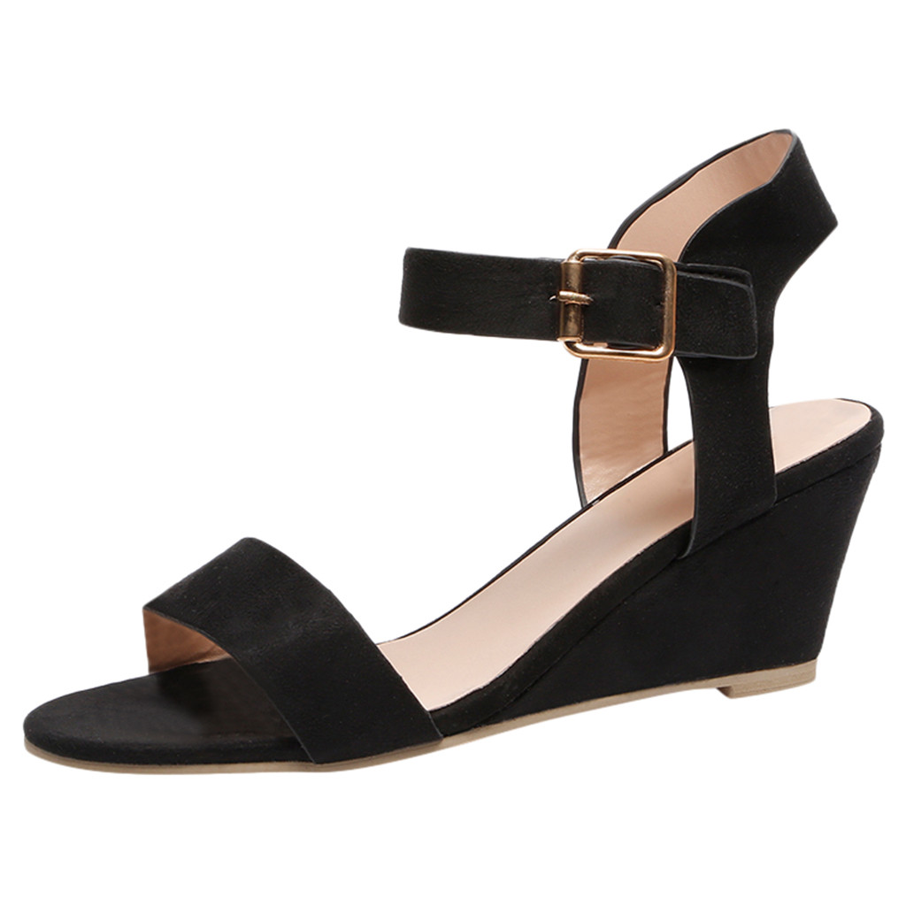 - Women's Ladies Fashion Solid Wedges Heel Buckle Strap Roman Shoes Sandals - Picture 25 of 38