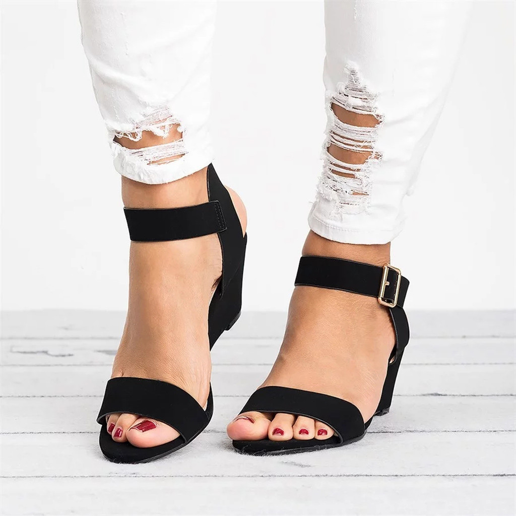 - Women's Ladies Fashion Solid Wedges Heel Buckle Strap Roman Shoes Sandals - Picture 24 of 38