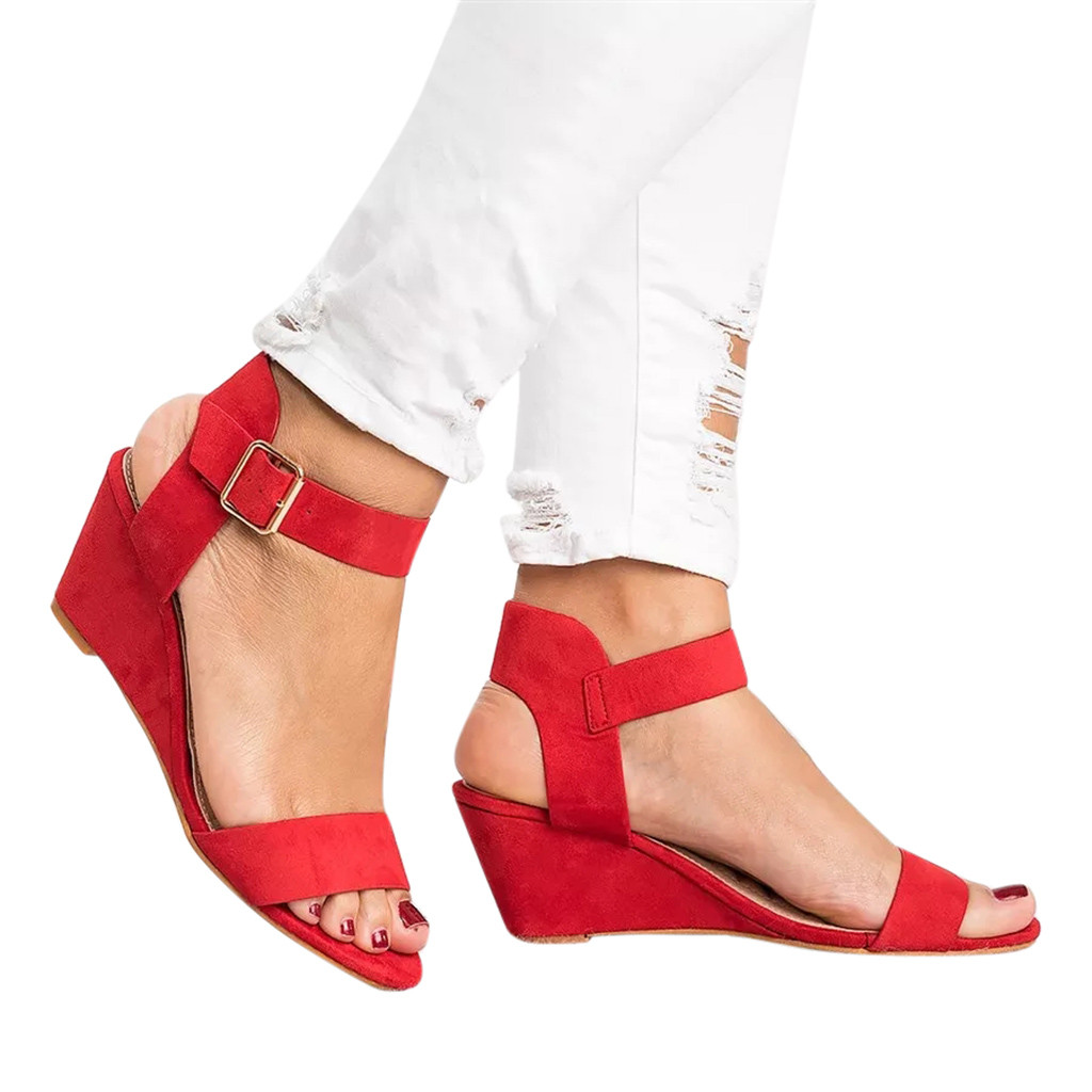 - Women's Ladies Fashion Solid Wedges Heel Buckle Strap Roman Shoes Sandals - Picture 35 of 38
