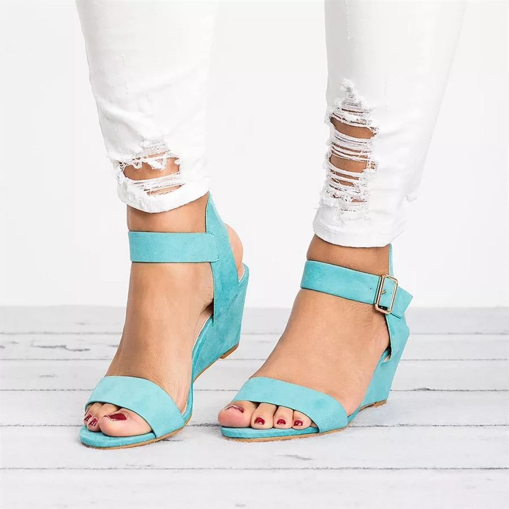 - Women's Ladies Fashion Solid Wedges Heel Buckle Strap Roman Shoes Sandals - Picture 27 of 38