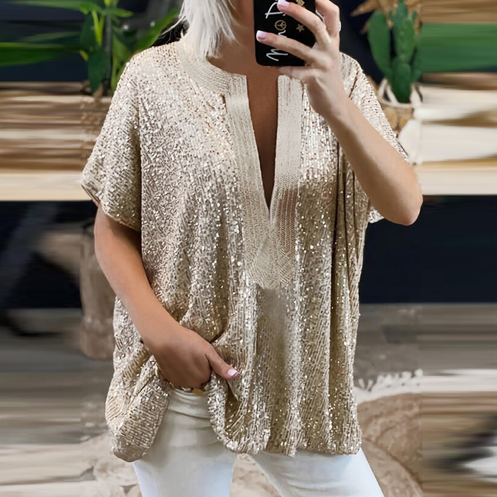 Women en Blouse Women Loose Sequin V Neck Short Sleeved Casual Shirt Short  | eBay