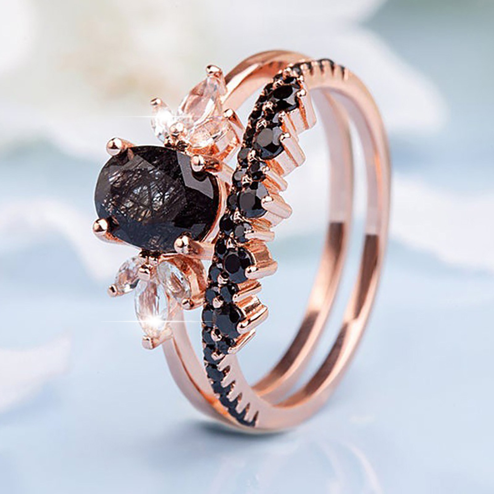 Black Rutilated Quartz Engagement Ring Set Oval Shaped Rose Gold Ring Black - Picture 12 of 14