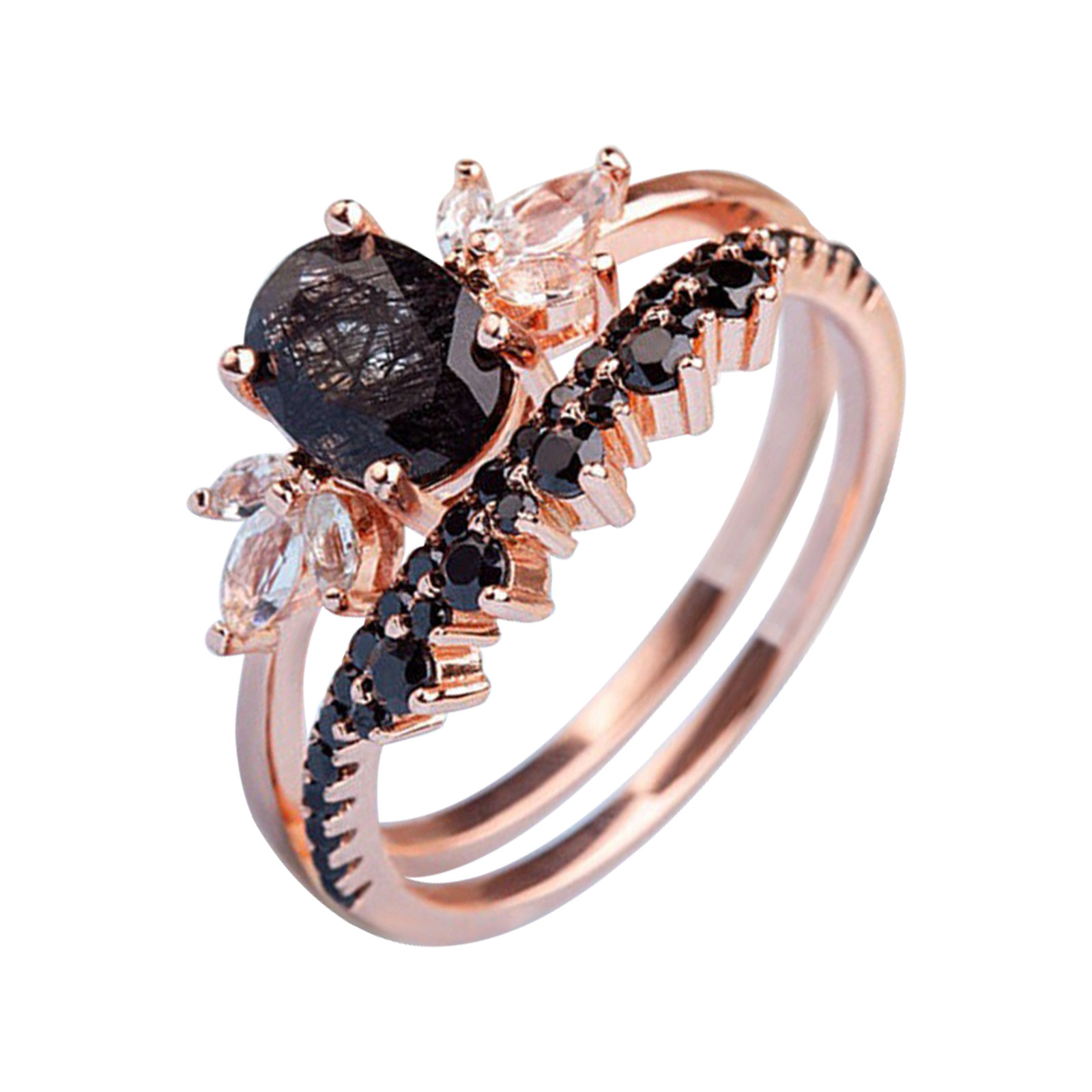 Black Rutilated Quartz Engagement Ring Set Oval Shaped Rose Gold Ring Black - Picture 13 of 14