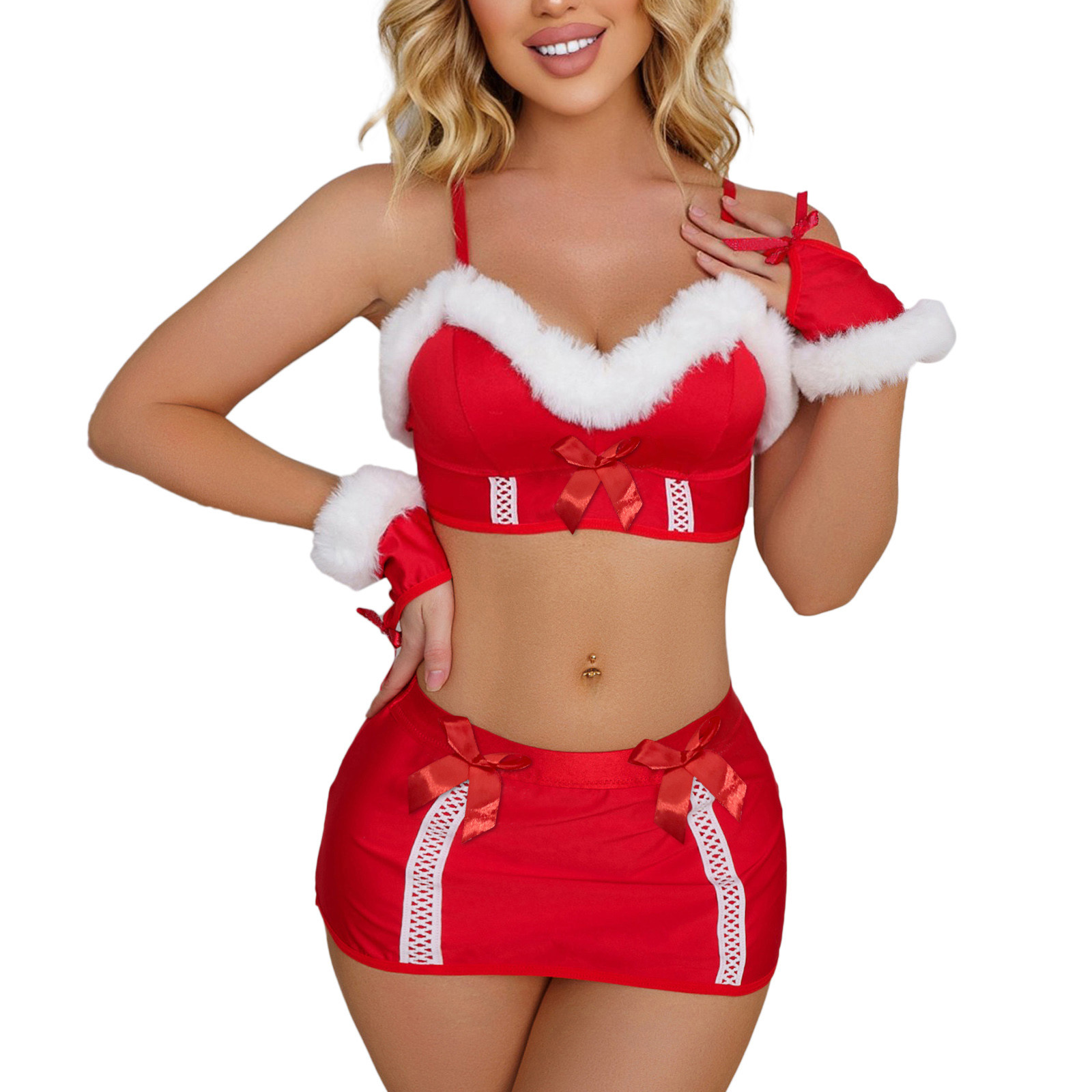 Women's Sexy Santa Christmas Lingerie Set With Garter Belts Lace Teddy Babydoll